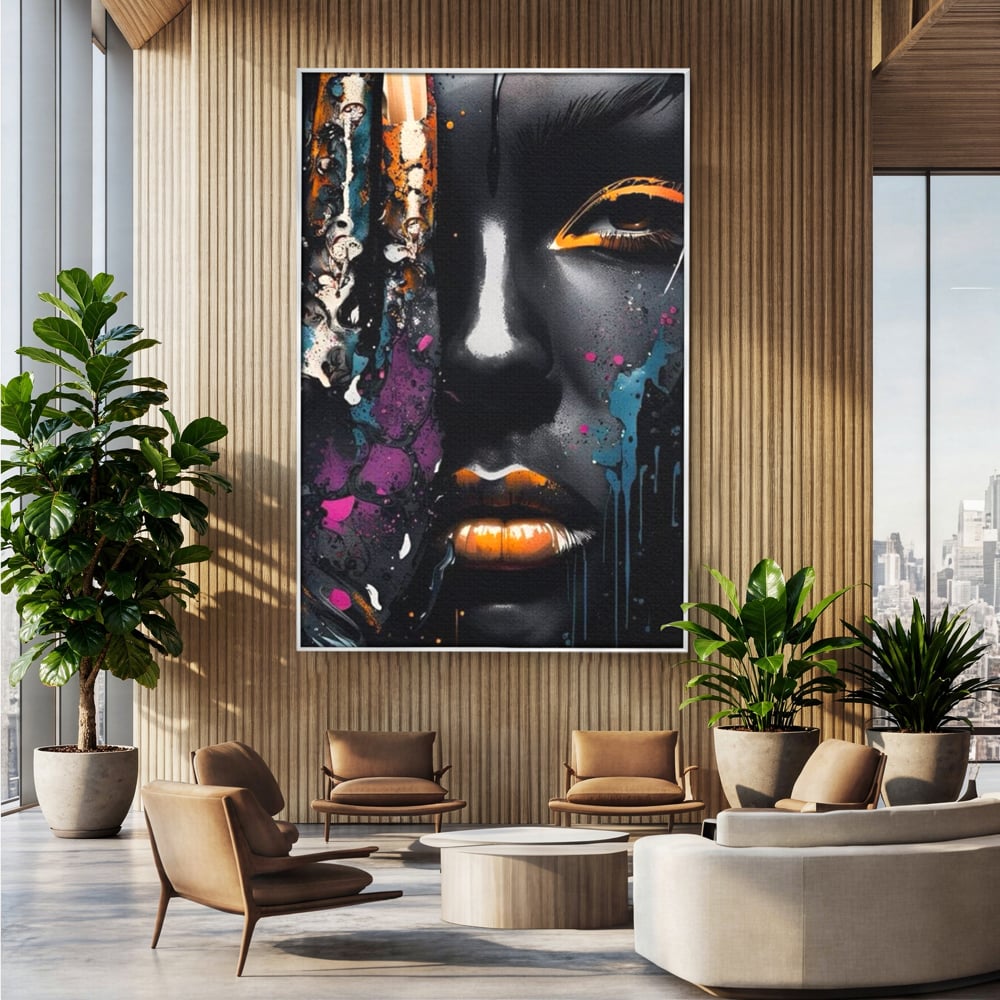 Tablou canvas cu tablou canvas cu portret street art, in rama de aluminiu argintiu, pe perete intr-un birou